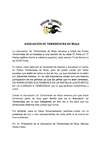 COMUNICADO DE LA ASOCIACIÓN DE TAMORISTAS DE MULA 2026
